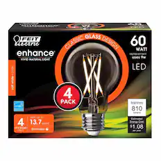 FEIT Electric
enhance
VIVID NATURAL LIGHT
CLASSIC GLASS DESIGN
60 WATT
replacement uses 9w
LED
4 PACK
4 A19 BULBS clear
dimmable
Brightness
810 lumens
Estimated Energy Cost
$1.08 per year
lasts up to 13.7 years*
ENERGY STAR
soft white - 2700K
$1.08
*Estimated 4 years