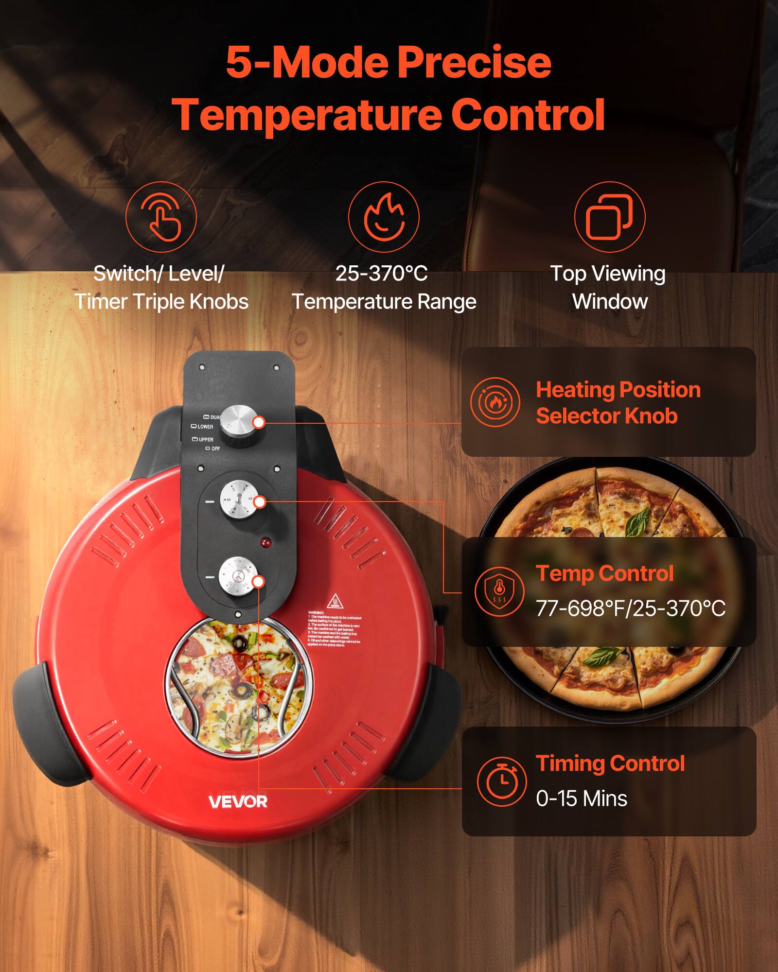 5-Mode Precise Temperature Control

Switch/ Level/ Timer Triple Knobs
25-370°C Temperature Range
Top Viewing Window

Heating Position Selector Knob

Temp Control 77-698°F/25-370°C

Timing Control 0-15 Mins