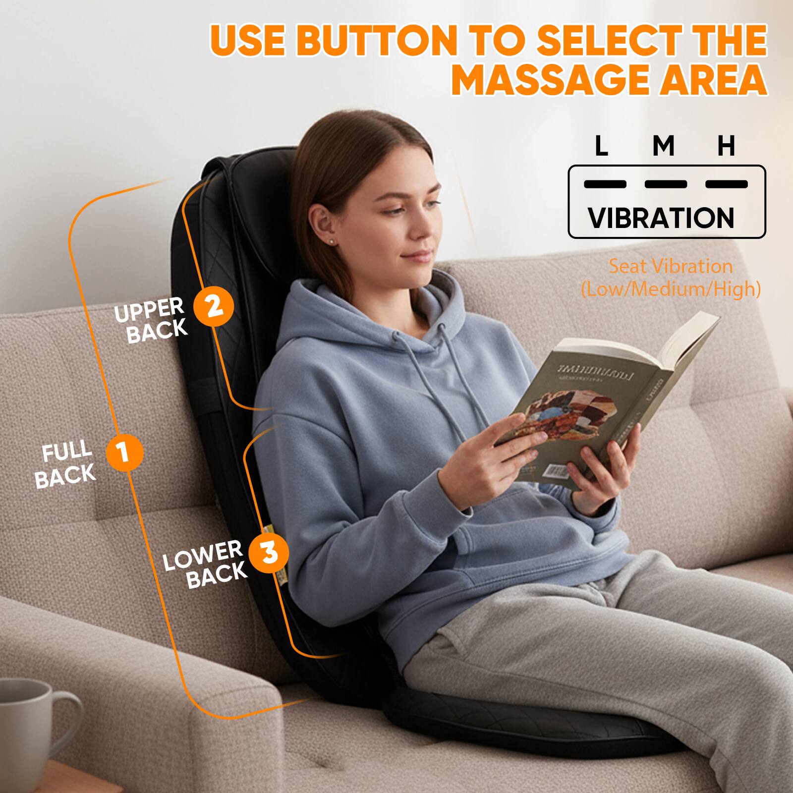 USE BUTTON TO SELECT THE MASSAGE AREA

LMH VIBRATION

UPPER BACK 2

FULL BACK 1

LOWER BACK 3

Seat Vibration (Low/Medium/High)