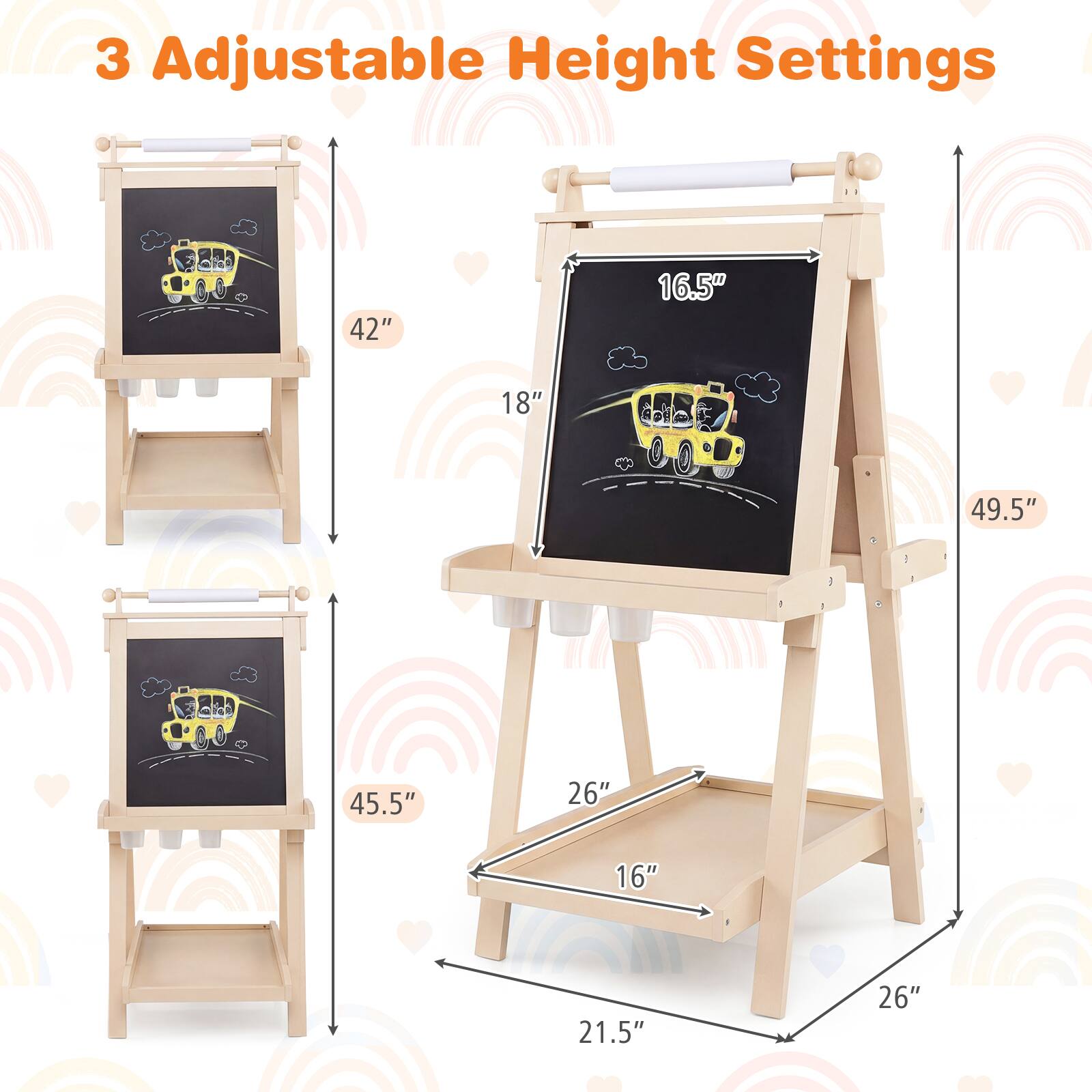 3 Adjustable Height Settings

- 42"
- 45.5"
- 49.5"

- 16.5"
- 18"
- 21.5"
- 26"
- 16"