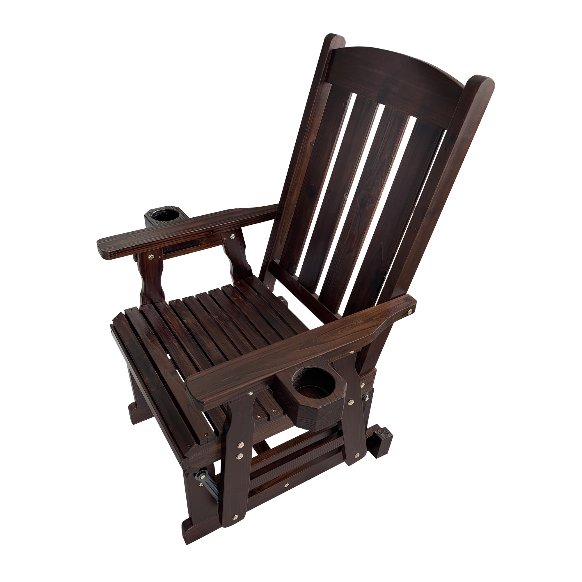 Angle. Fortune Candy - Wooden Patio Glider for One Person, with High Back and Deep Contoured Seat, Solid Fir Wood, Heavy Duty 600 LBS - Deep Brown.