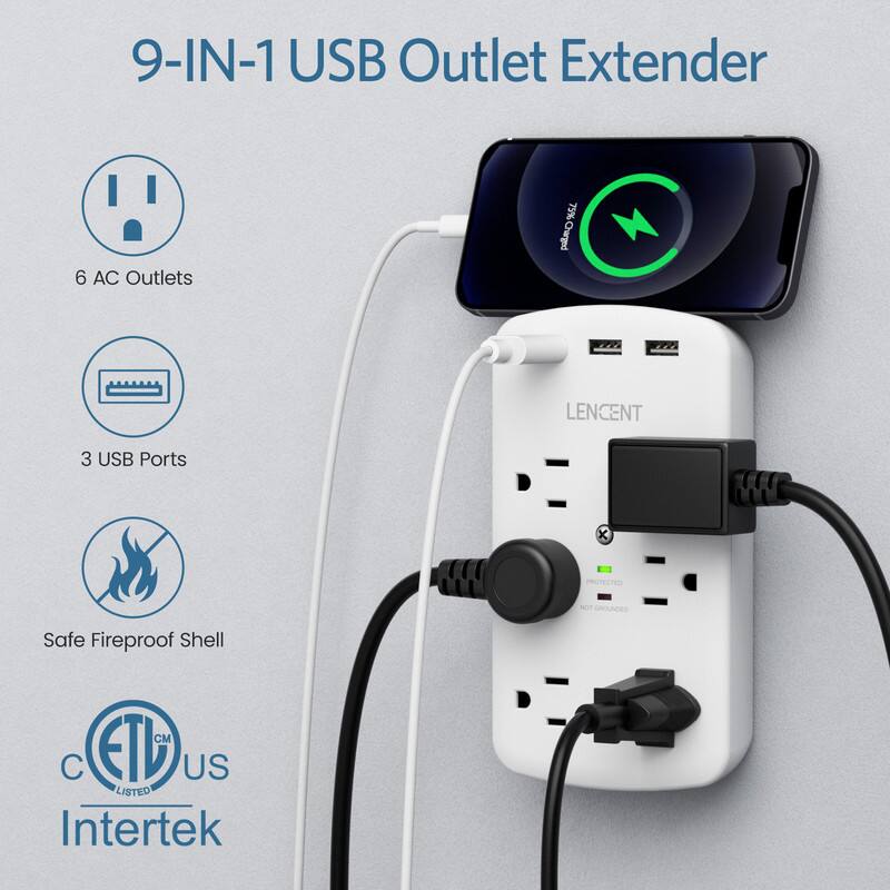 9-IN-1 USB Outlet Extender

6 AC Outlets
75% Charged
LENCENT
3 USB Ports
PROTECTED
VOT GROUNDED
Safe Fireproof Shell
CM C ETLi US LISTED Intertek