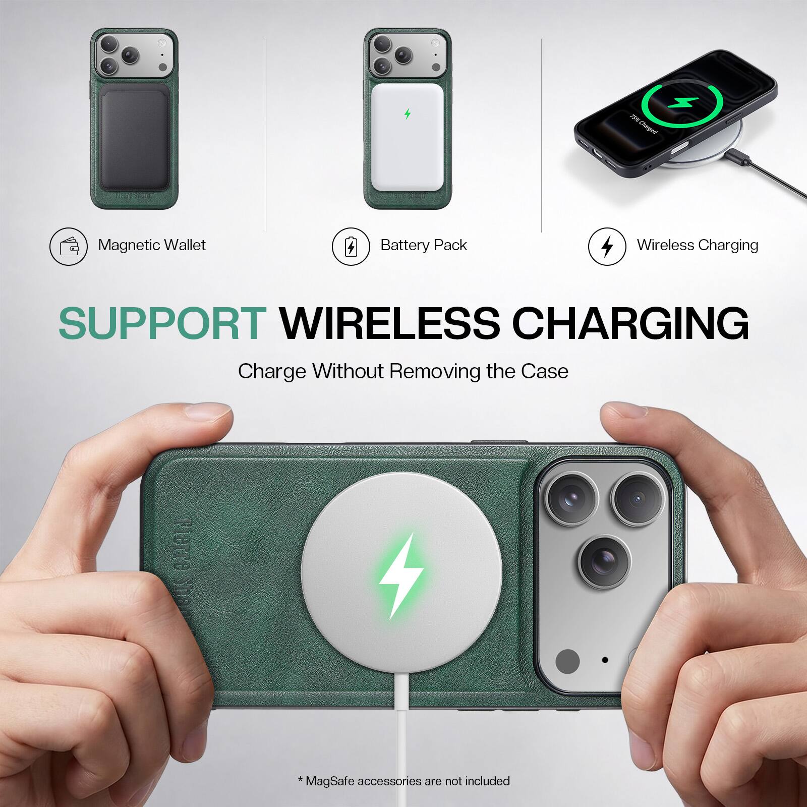 NSI Charged  
Magnetic Wallet  
Battery Pack  
Wireless Charging  
SUPPORT WIRELESS CHARGING  
Charge Without Removing the Case  
Fierre'S  
*MagSafe accessories are not included