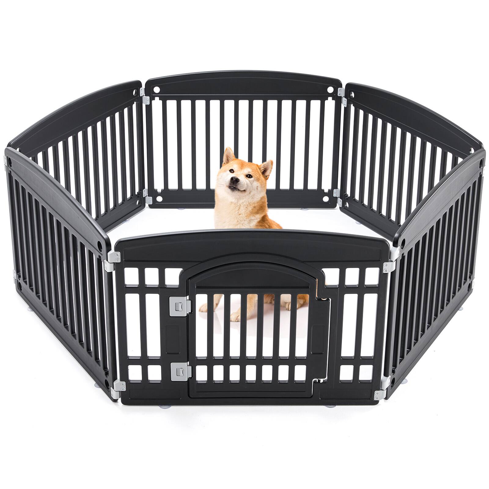 Left. AENKYO - 6-Panel Dog Playpen with Door Indoor/Outdoor Pet Fence for Small to Medium Dogs.