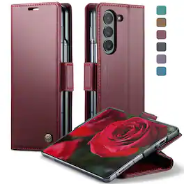 Dteck - Wallet Case for Samsung Galaxy Z Fold6 Premium Leather RFID Card Slots Kickstand Shockproof Magnetic Clasp Cover - Wine