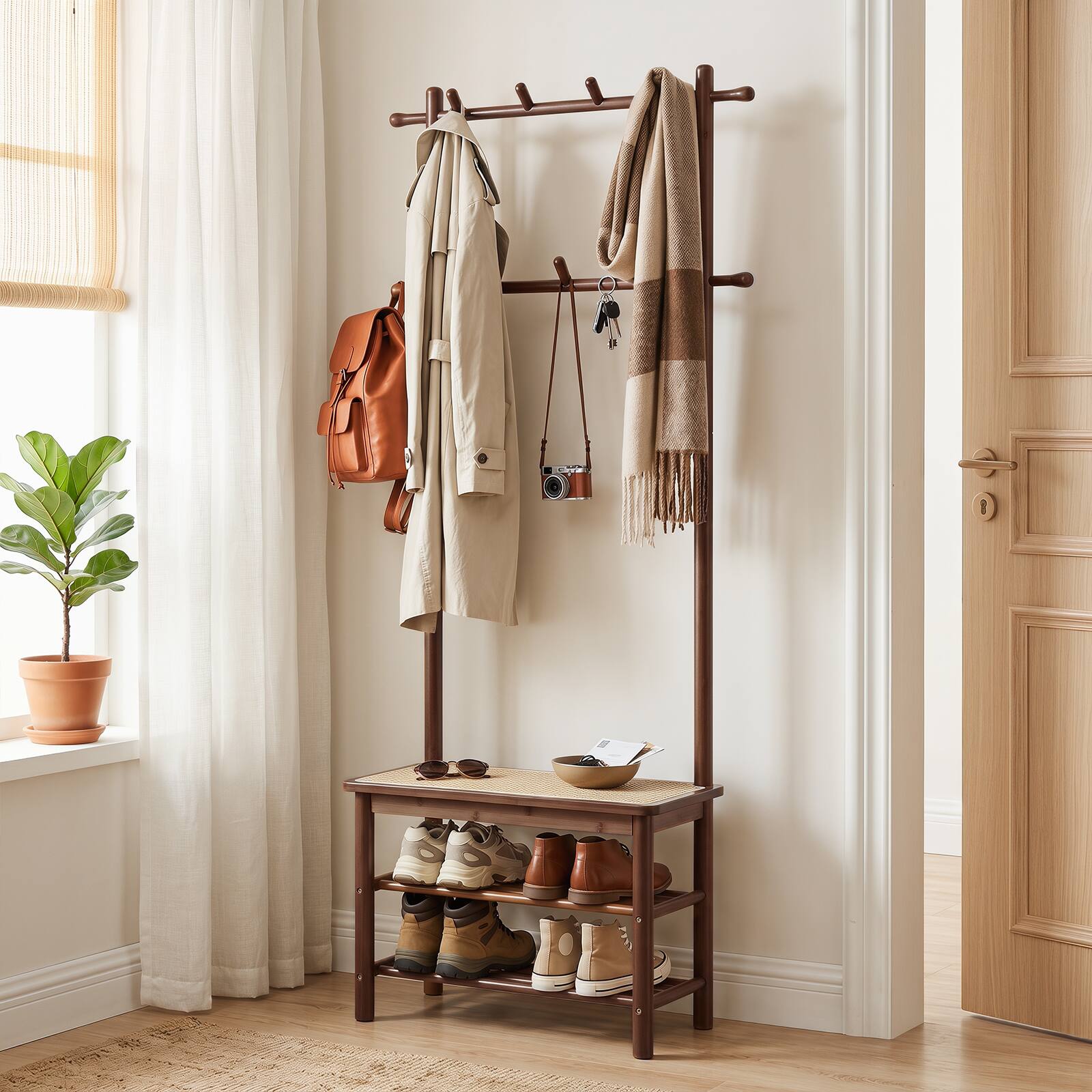 Alt View 3. Costway - Costway Bamboo Coat Rack with Bench Shoe Storage 2 Hanging Rods 11 Hanging Hooks Shelves - Brown.