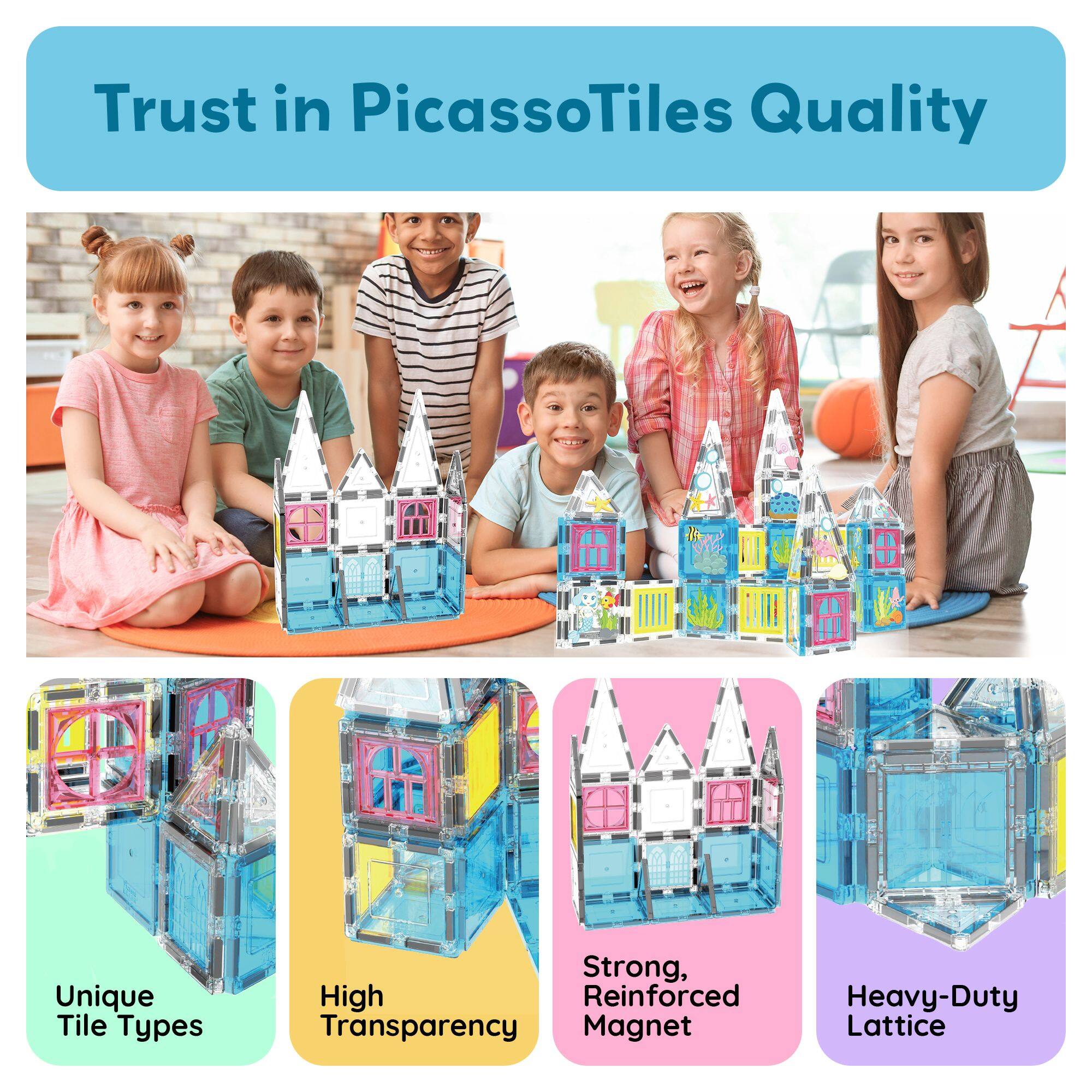 Trust in PicassoTiles Quality

- Unique Tile Types
- High Transparency
- Strong, Reinforced Magnet
- Heavy-Duty Lattice