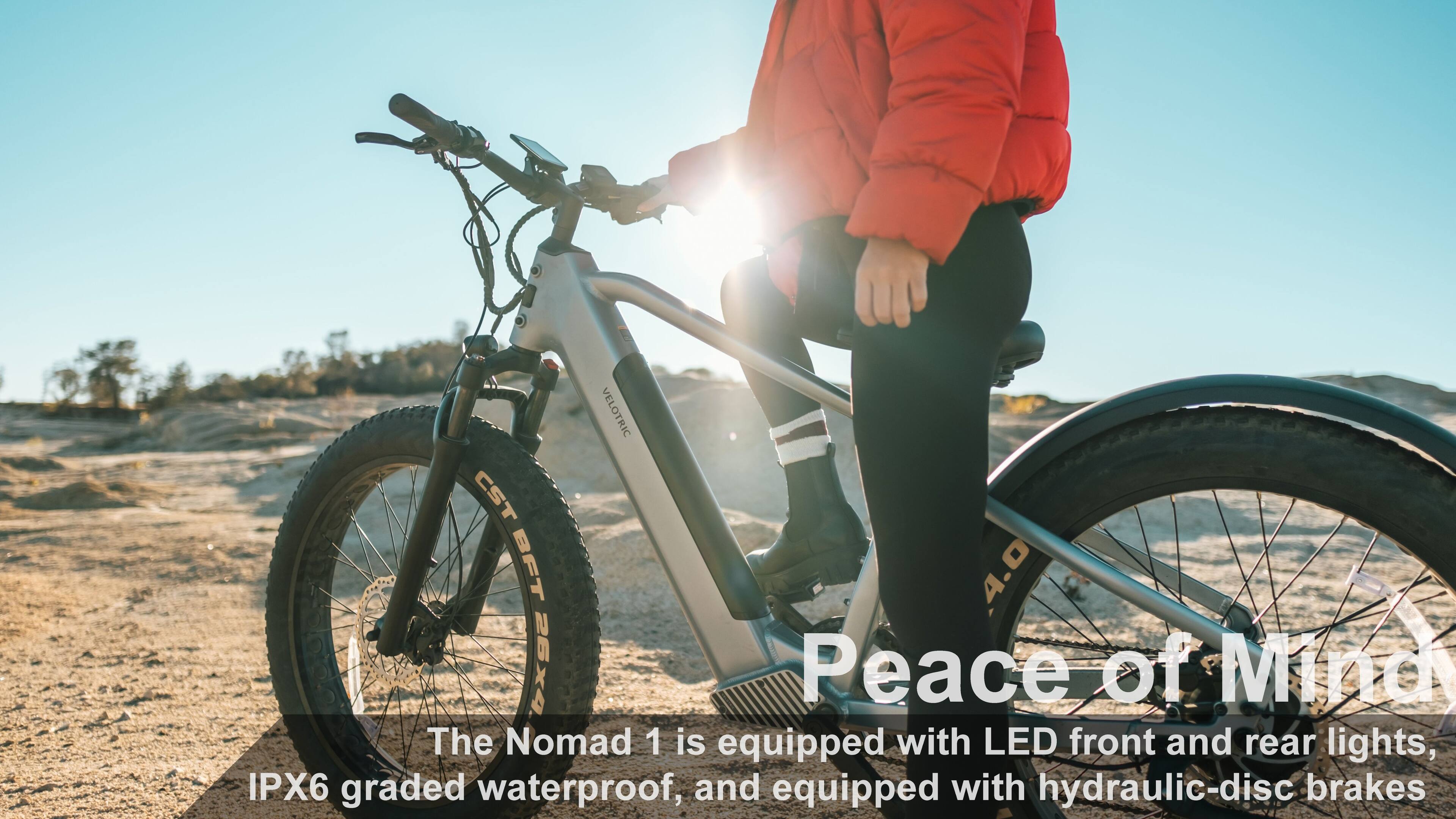 The Nomad 1 is equipped with LED front and rear lights, IPX6 graded waterproof, and equipped with hydraulic-disc brakes.