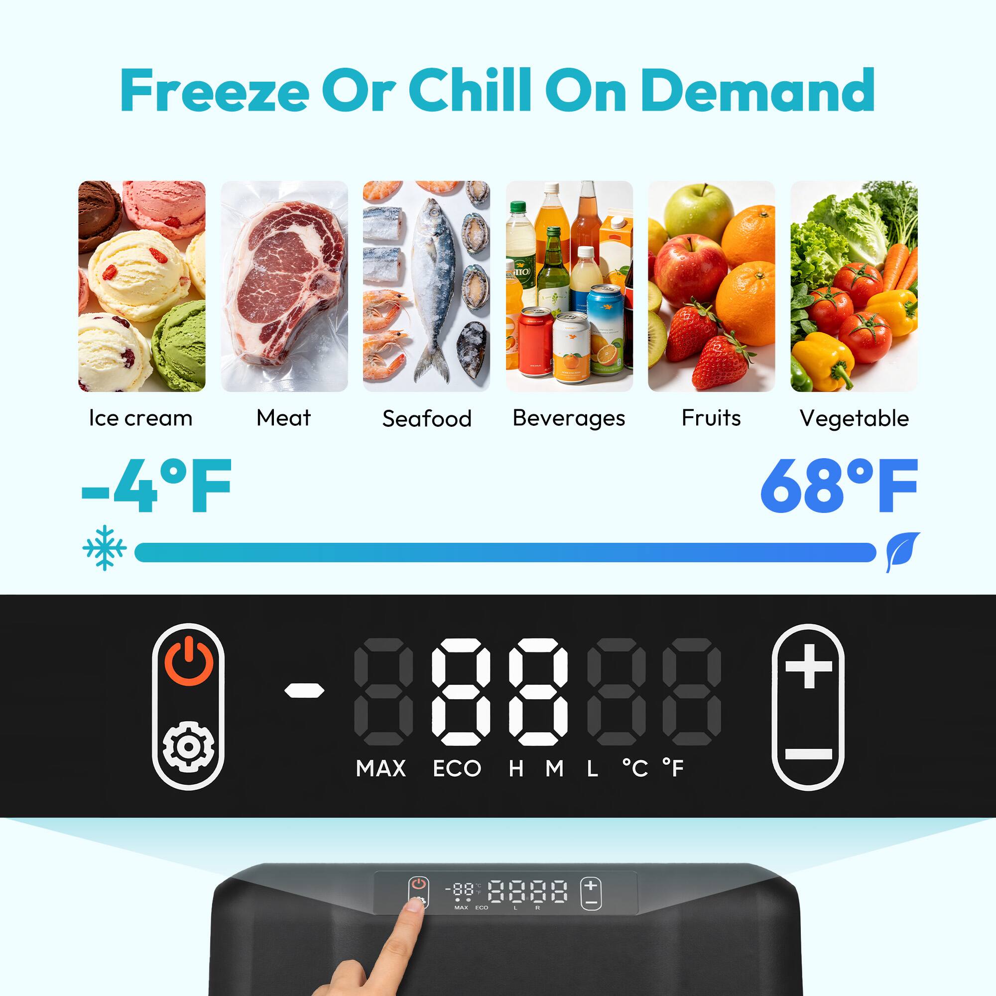 Freeze Or Chill On Demand

Ice cream Meat Seafood Beverages Fruits Vegetable

-4°F 68°F

MAX ECO H M L °C °F

-88888

00RO +