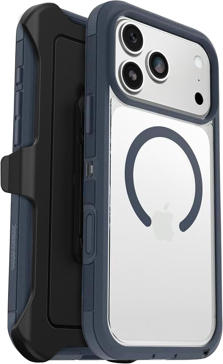 Front. OtterBox - OtterBox iPhone 17 Pro Max Defender Series XT Case, Includes Holster Clip Kickstand, Snaps on MagSafe, Rugged & Durable - Baby Blue Jeans (Clear/Blue).