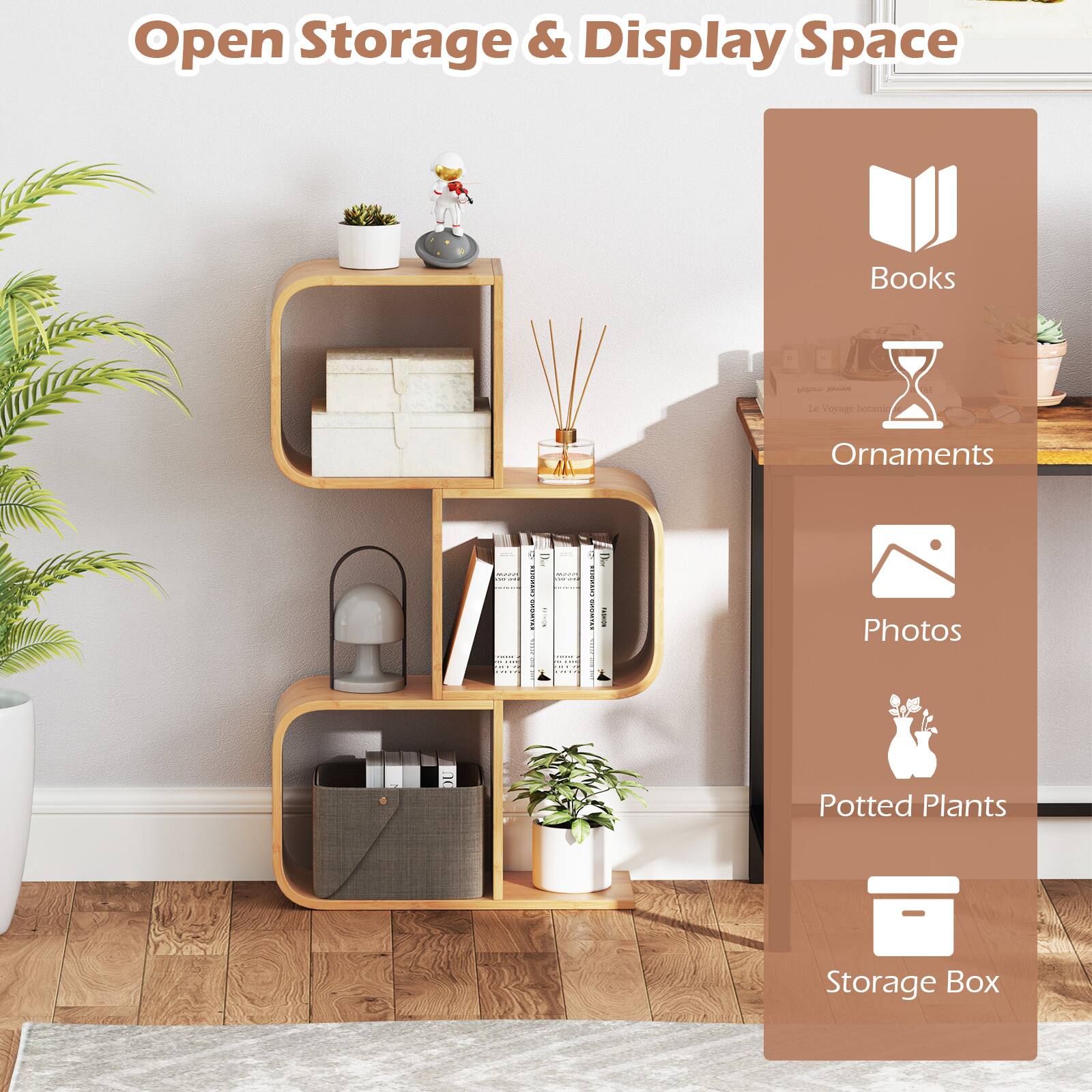 Open Storage & Display Space Books - Aoon L Vesage boten Ornaments I | | | 18. ! : | | : | ! I Photos Potted Plants Storage Box