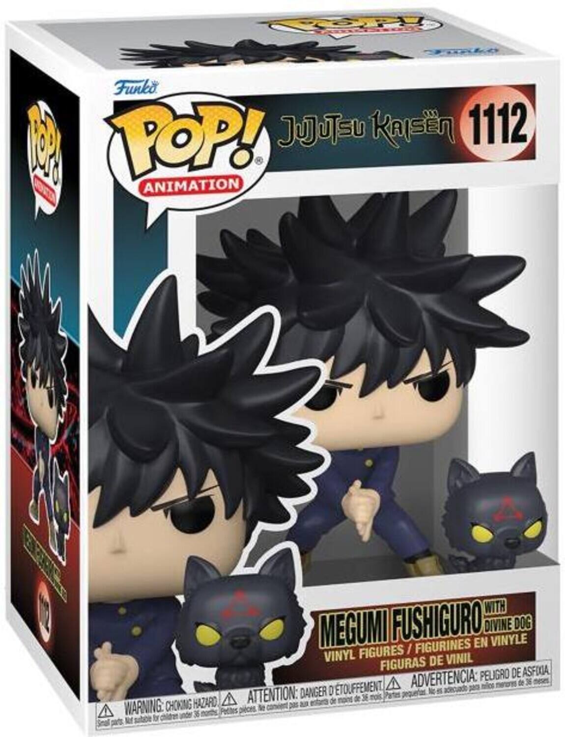The text on the image is:

"POP! ANIMATION JUJUTSU KAISEN 1112 MEGUMI FUSHIGURO WITH DIVINE DOG VINYL FIGURES / FIGURINES EN VINYLE / FIGURAS DE VINIL"

The warning text is:

"WARNING: CHOKING HAZARD - Small parts. Not for children under 3 years. ATTENTION: PELIGRO DE ASFIXIA - Piezas pequeñas. No es adecuado para menores de 3 años. ADVERTENCIA: DANGER D'ETOUFFEMENT - Petits éléments. Ne convient pas aux enfants de moins de 3 ans."