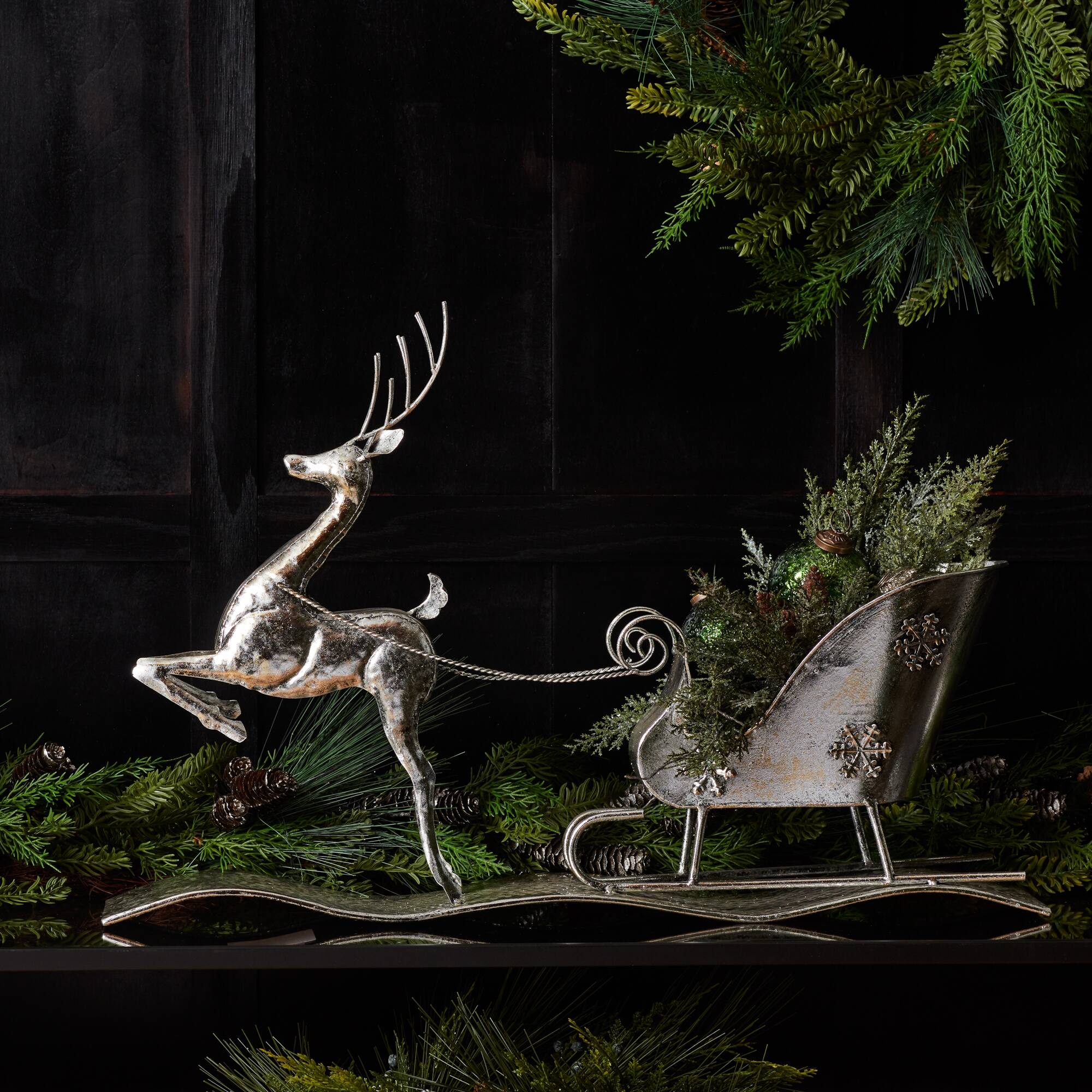 Alt View 1. BreeBe - Hammered Metal Reindeer with Sleigh 25.5"L - Silver.