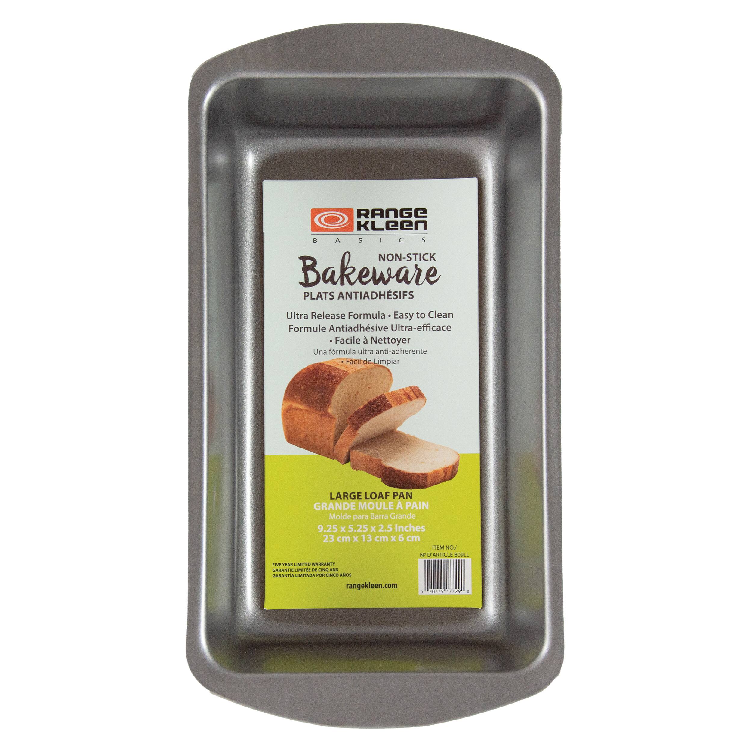 RANGE KLeEn BASICS NON-STICK Bakeware PLATS ANTIADHSIFS Ultra Release Formula Easy to Clean Formule Antiadhsive Ultra-efficace Facile Nettoyer Una frmula uitra anti-adherente Facede Limpiar LARGE LOAF PAN GRANDE MOULE A PAIN Molde para Barra Grande 9.25 x 5.25 K 2.5 Inches 23 cm x 13 cm x 6 cm IM d  MTICUE SOL I I : ENT OTA da -. - -. CANCOO  - - - rangekleen.com - 027 RY -