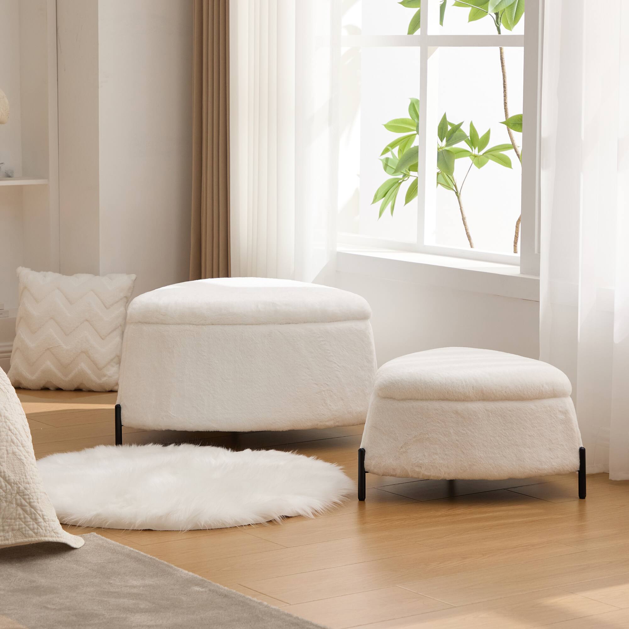 Angle. Boyel Living - Faux Fur Storage Ottoman Set with Reversible Tray Lid and Metal Legs, 2-Piece - Ivory.