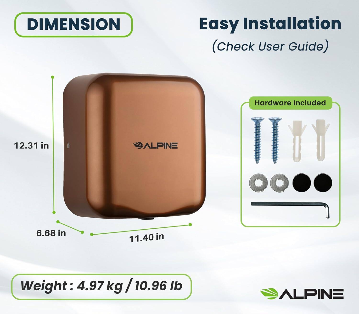DIMENSION, Easy Installation (Check User Guide), Hardware Included, 12.31 in, ALPINE, 6.68 in, 11.40 in, Weight: 4.97 kg / 10.96 lb, ALPINE