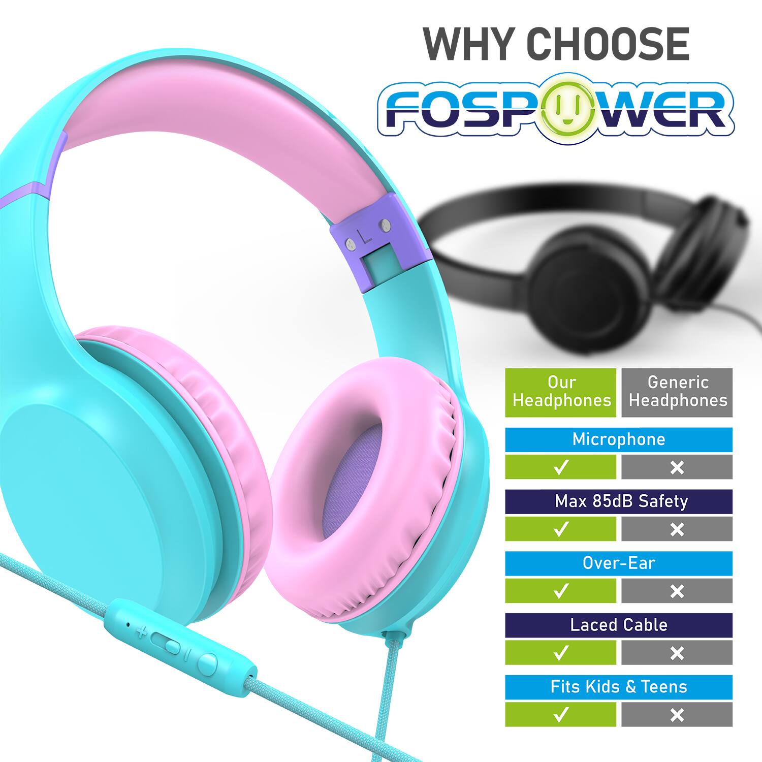 WHY CHOOSE FOSP 11 WER Our Headphones Microphone Max 85dB Safety Over-Ear Laced Cable Fits Kids & Teens Generic Headphones x x x x