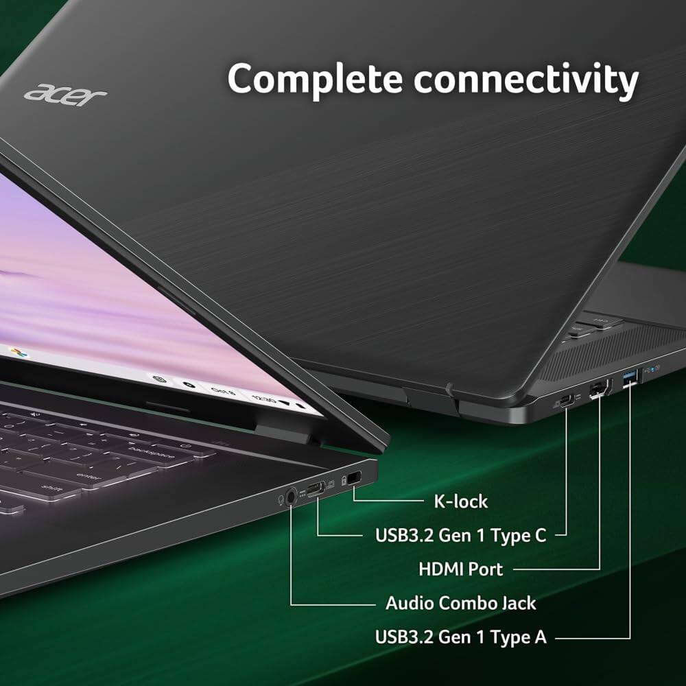 acer Complete connectivity  
- K-lock  
- USB3.2 Gen 1 Type C  
- HDMI Port  
- Audio Combo Jack  
- USB3.2 Gen 1 Type A