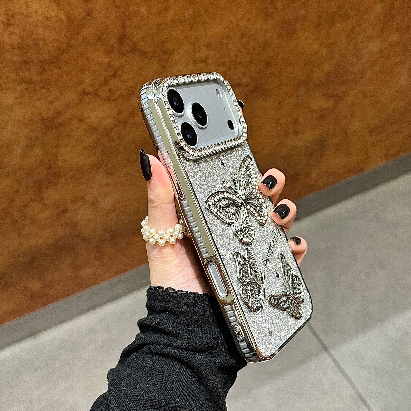 Alt View 6. UUCOVER - For Apple iPhone 17 Pro Slim Case, 3D Bling Rhinestone Butterfly Glitter Paper Electroplated TPU Bumper Clear Back Cover - Silver.