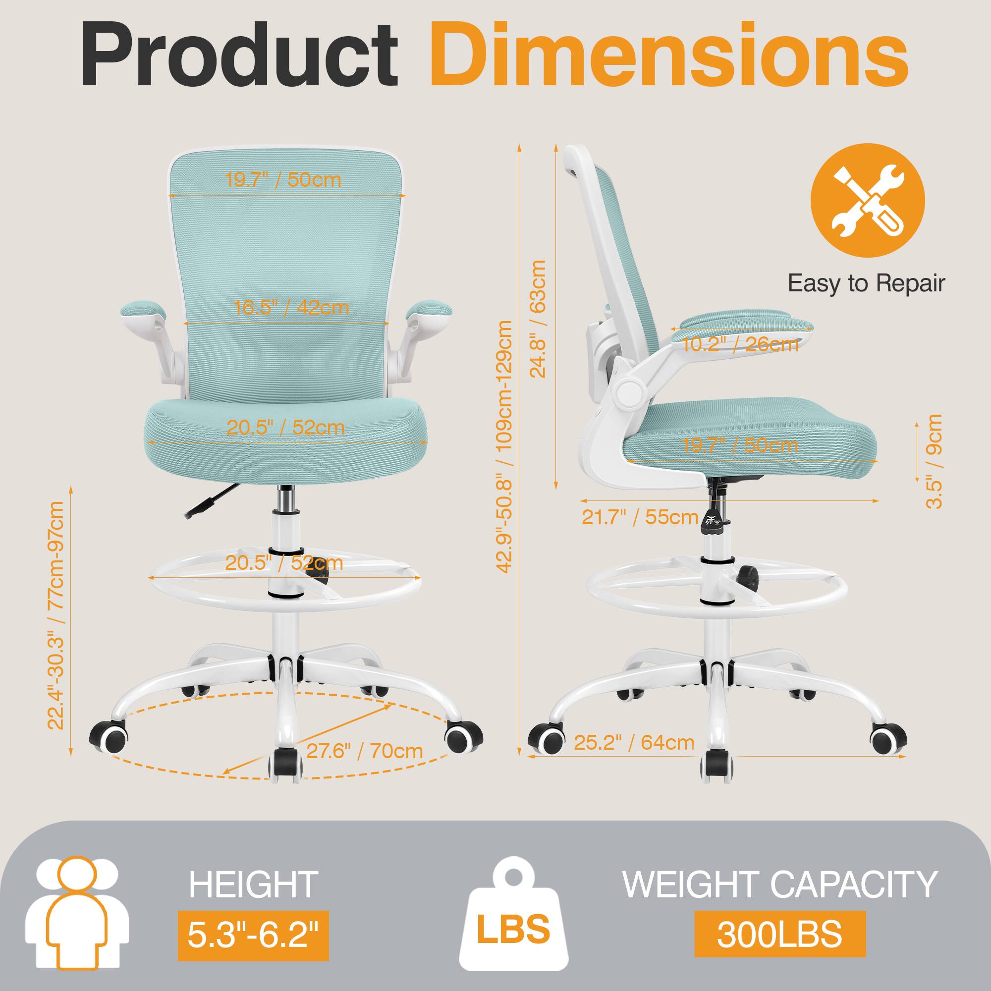 Product Dimensions: 19.7" / 50cm, 19.7" / 77cm-97cm, 22.4"-30.3", 16.5" / 42cm, 20.5" / 52cm, 27.6" / 70cm, 109cm-129cm, 42.9"-50.8", 63cm, Easy to Repair / 10.2" / 26cm, 24.8", 3.5" / 9cm, 21.7" / 55cm, 25.2" / 64cm

HEIGHT: 5.3"-6.2"

WEIGHT CAPACITY: 300LBS