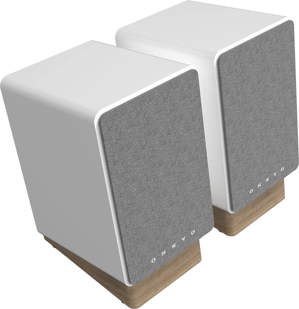The text on the image reads "Onkyo O Onkyo O," which is a brand name for audio equipment. The image features two white speakers, likely part of a stereo system, with a wooden base.