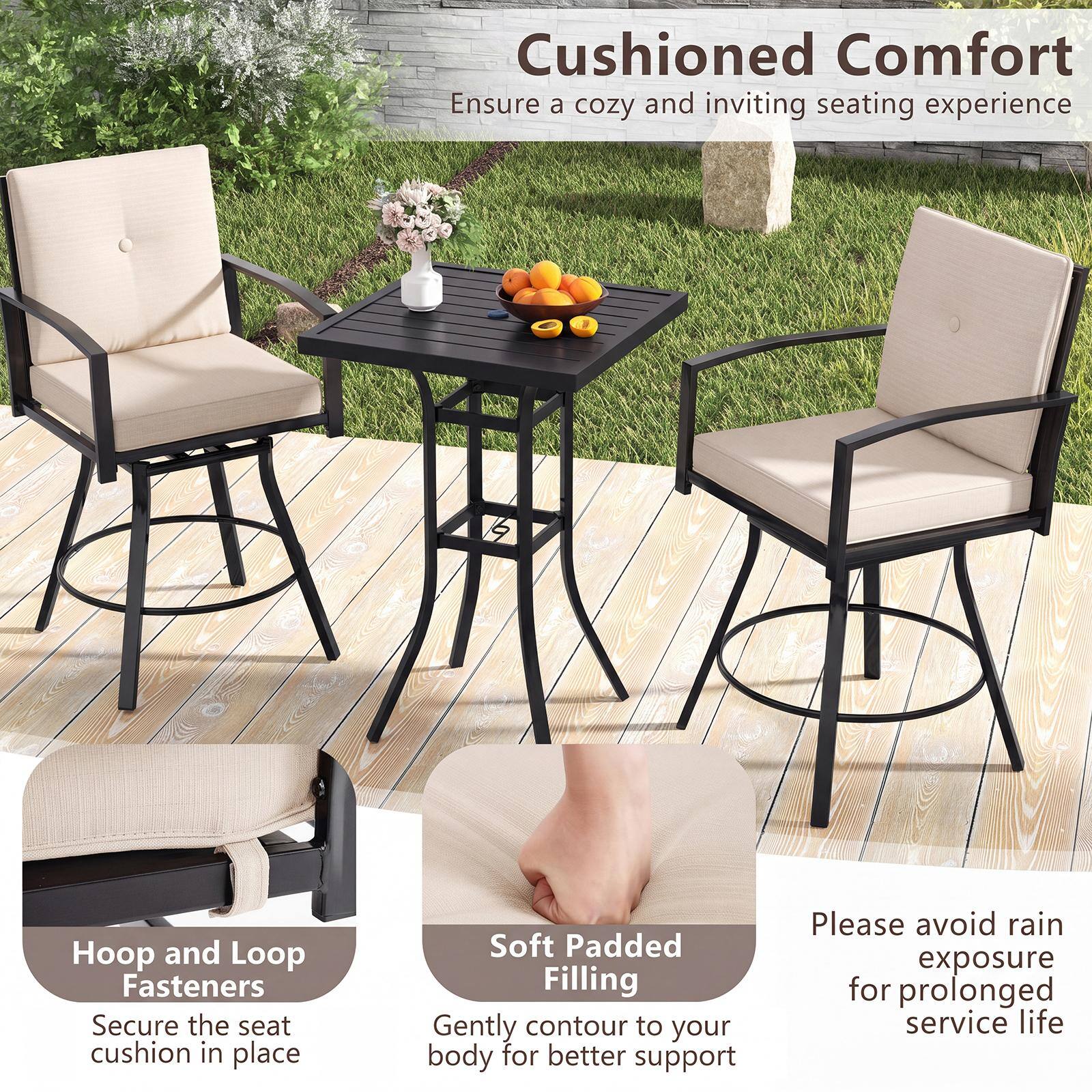 Cushioned Comfort  
Ensure a cozy and inviting seating experience

Hoop and Loop Fasteners  
Secure the seat cushion in place

Soft Padded Filling  
Gently contour to your body for better support

Please avoid rain exposure for prolonged service life