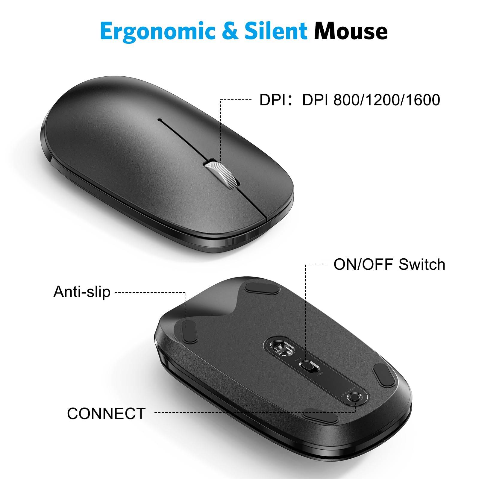 Ergonomic & Silent Mouse

- DPI: DPI 800/1200/1600
- ON/OFF Switch
- Anti-slip
- CONNECT
