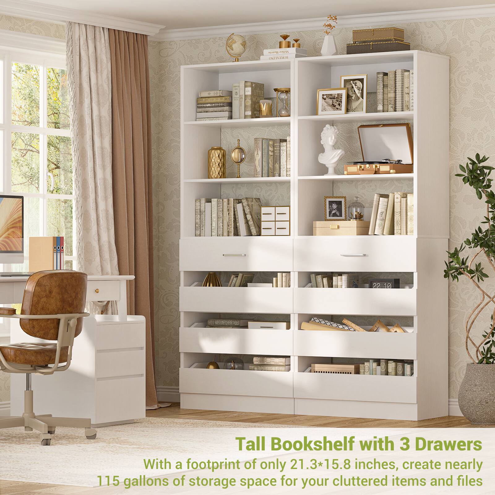 Tall Bookshelf with 3 Drawers

With a footprint of only 21.3*15.8 inches, create nearly 115 gallons of storage space for your cluttered items and files