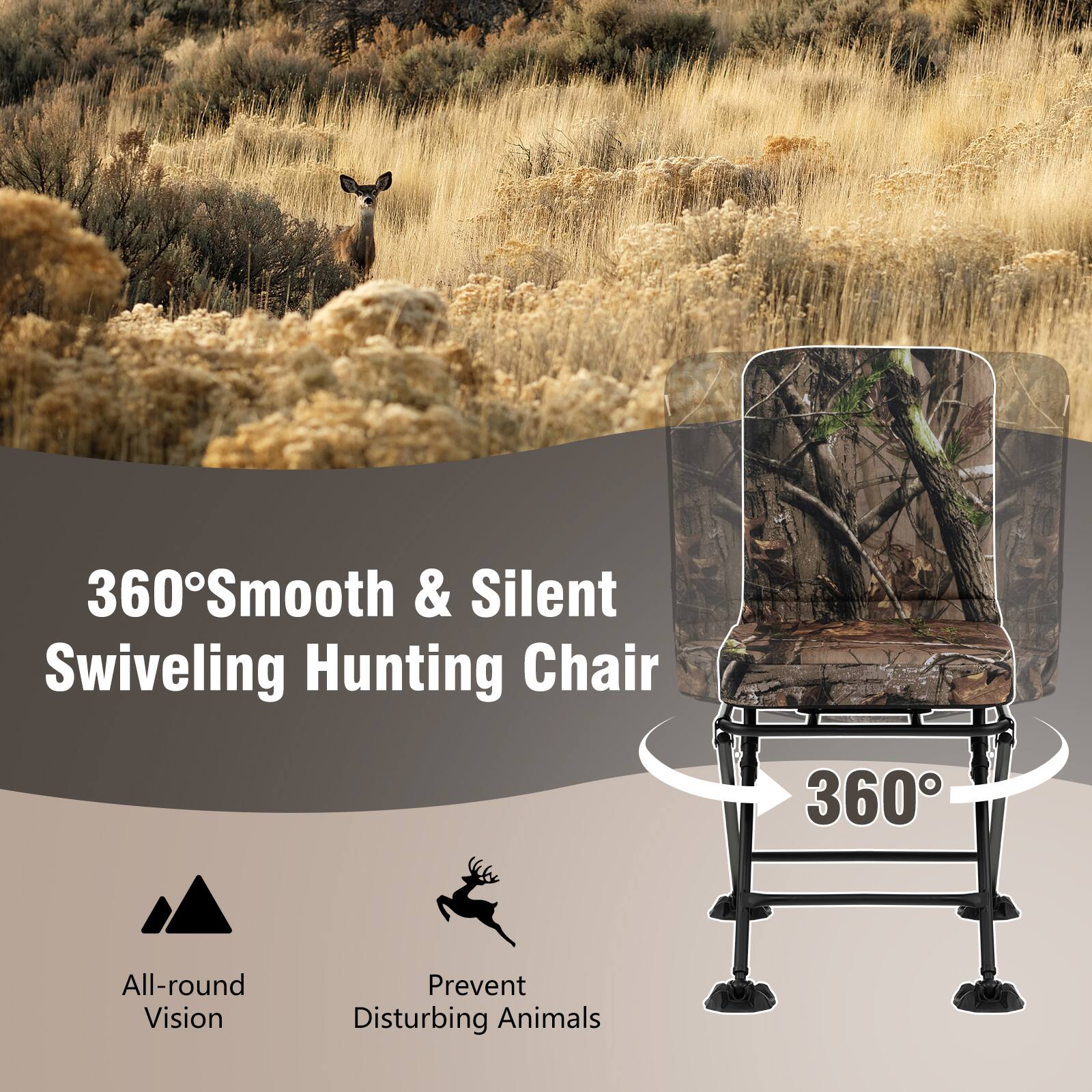 360° Smooth & Silent Swiveling Hunting Chair

All-round Vision

Prevent Disturbing Animals