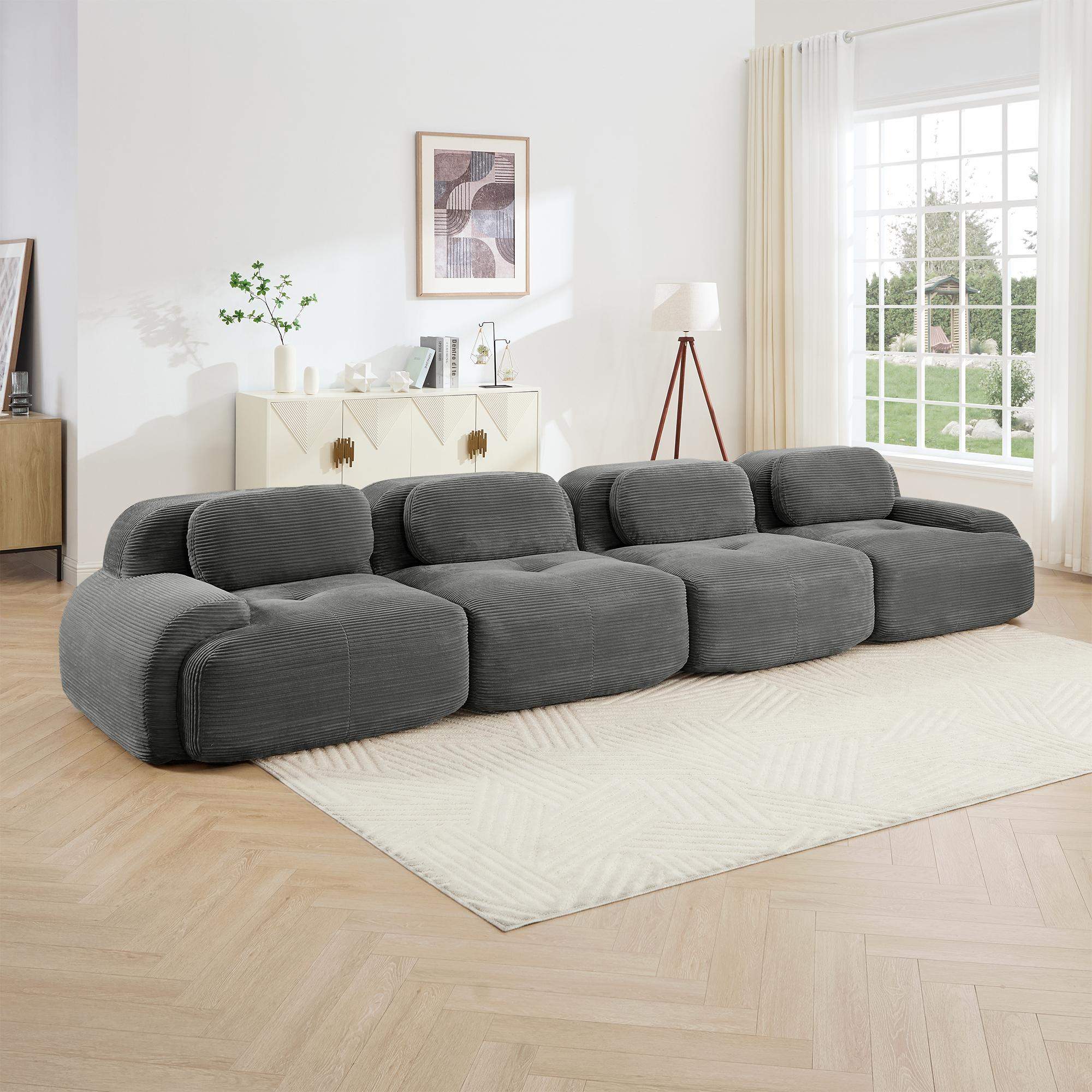Angle. Roomtec - 4seat sofa soft corduroy fabric 32D highresilience sponge petfriendly ergonomic design full compression vacuum - Grey.