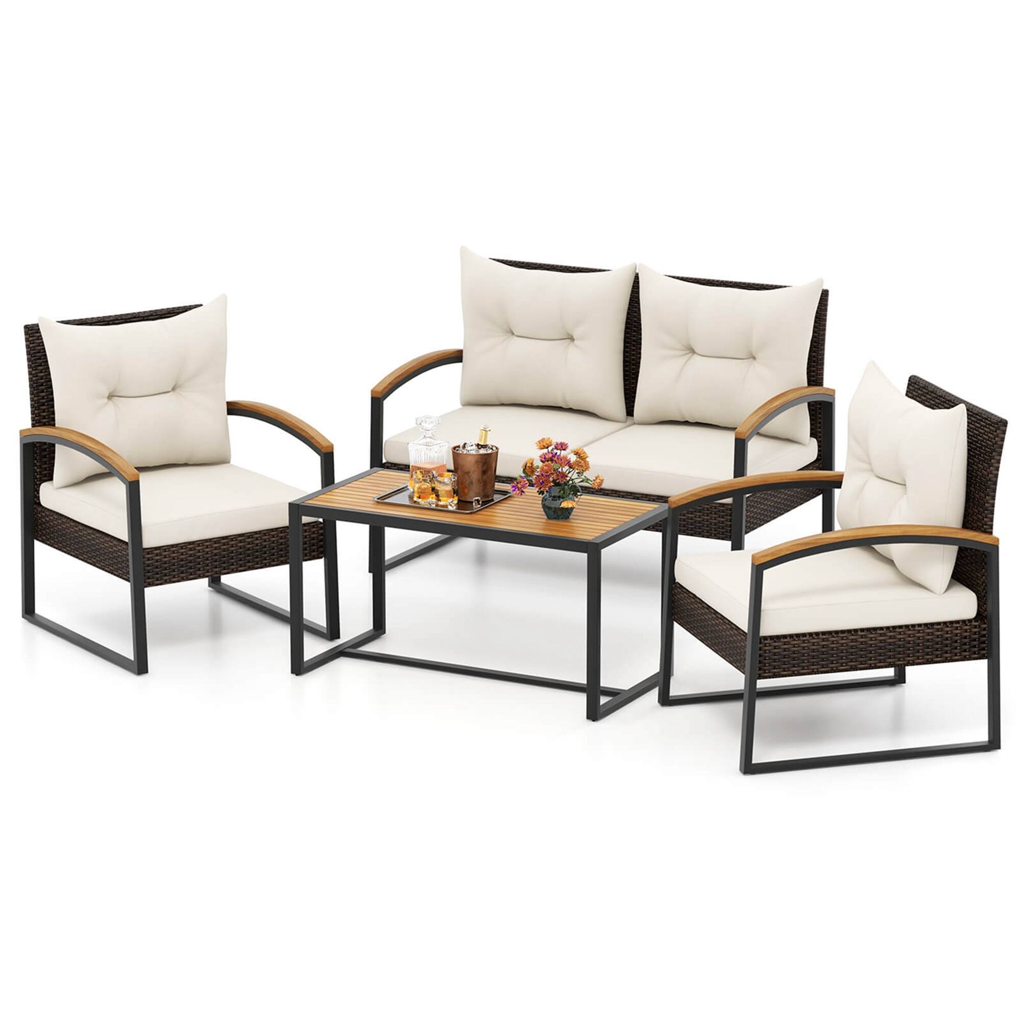 Alt View 9. Costway - 4 PCS Patio Conversation Set with Coffee Table Solid Acacia Wood Armrests Tabletop - Mix Brown,Off White.