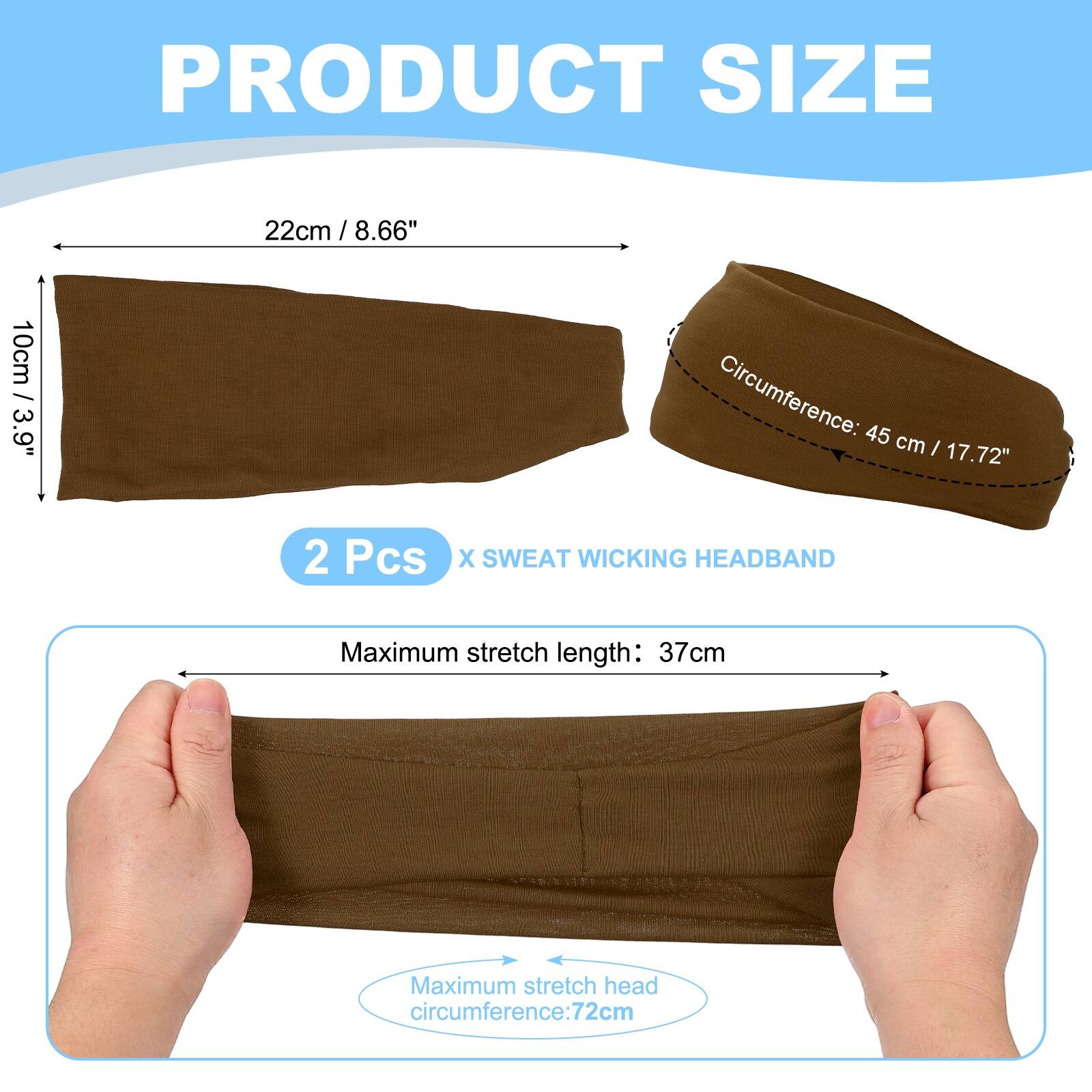 PRODUCT SIZE

22cm / 8.66"  
10cm / 3.9"  
Circumference: 45 cm / 17.72"  

2 Pcs X SWEAT WICKING HEADBAND  

Maximum stretch length: 37cm  
Maximum stretch head circumference: 72cm