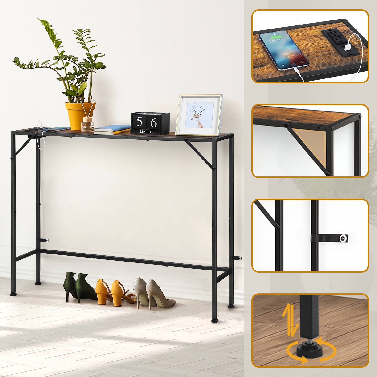 Left. Oumilen - Rustic Brown & Black Console Table with Built-In Power Outlet - Brown.