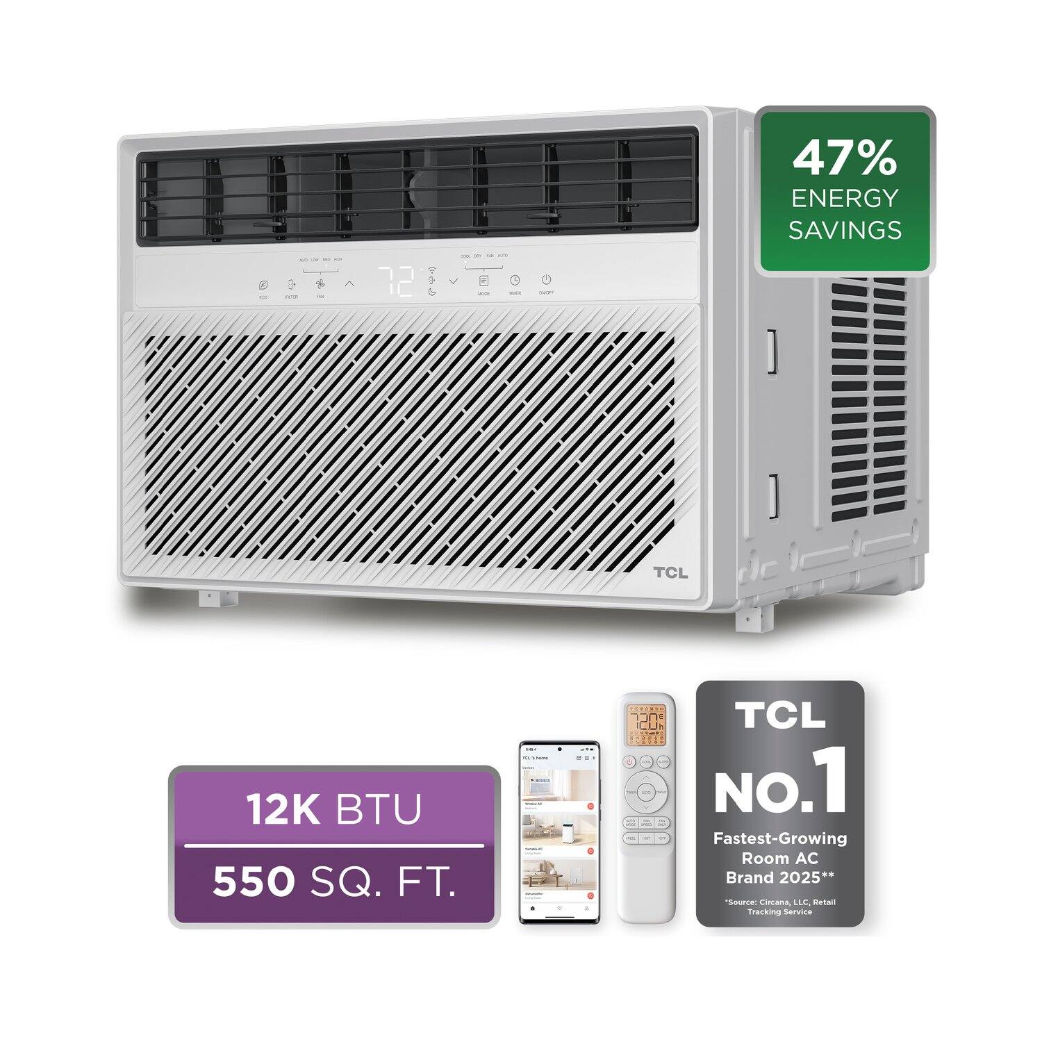 47% Energy Savings  
12K BTU  
550 SQ. FT.  
TCL  
No.1 Fastest-Growing Room AC Brand 2025**  
*Source: Cincana, LLC, Retail Tracking Service