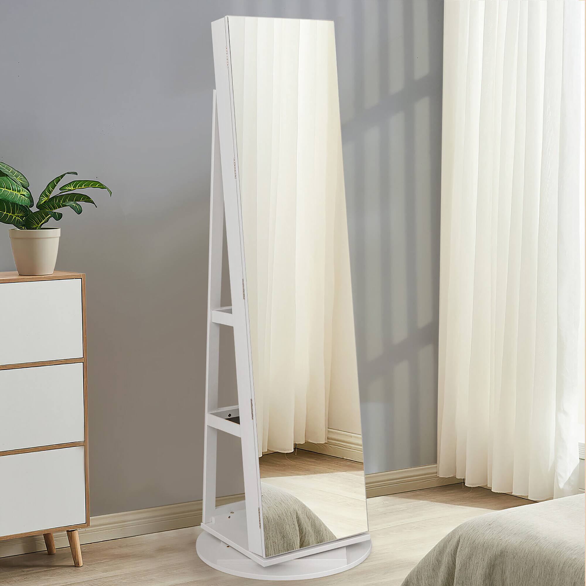 Alt View 3. Gymax - Gymax Rotating Mirrored Jewelry Cabinet with Mirror Storage Shelves White - White.