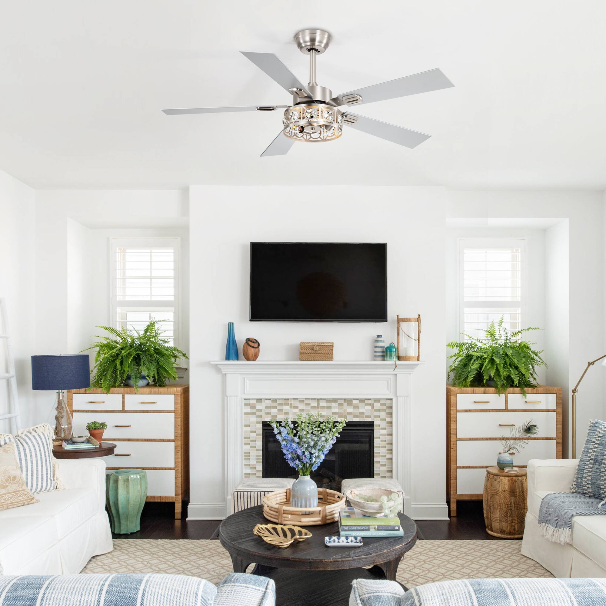 Alt View 1. Breezary - 48-Inch Ceiling Fan with 5 Plywood Blades, DC Motor, 6-Speed Remote Control, 4'' & 8'' Downrods, Timer & Memory - Satin Nickel and Silver.