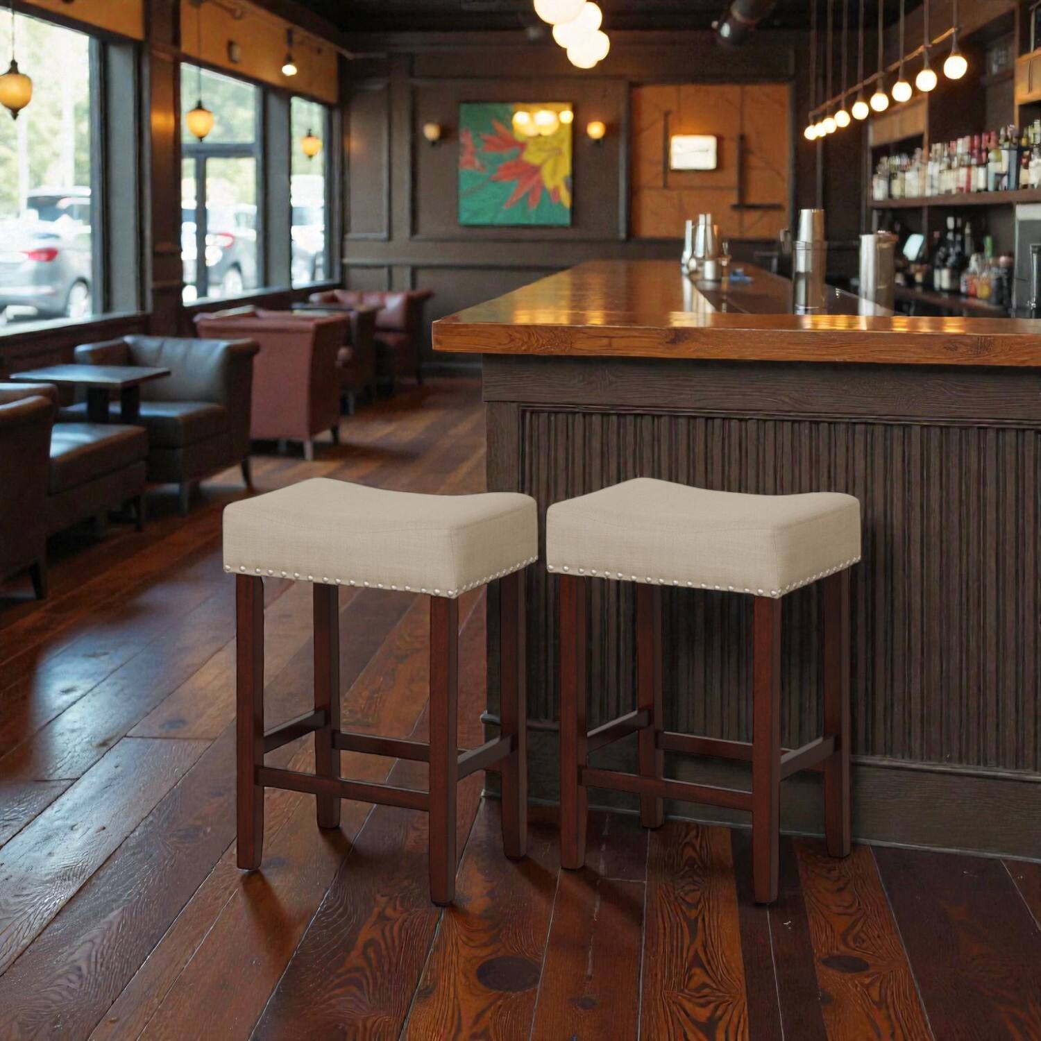 Front. Hivvago - 24-Inch Upholstered Bar Stools with Comfortably Curved Seats - Set of 2 - Beige.