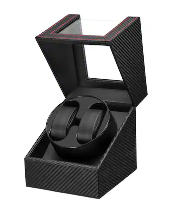 Front. Unique Bargains - Watch Winder for Automatic Watches, Double Watch Winder Box with 2 Slots, Quiet Japanese Motor - Black Carbon Fiber Leather.