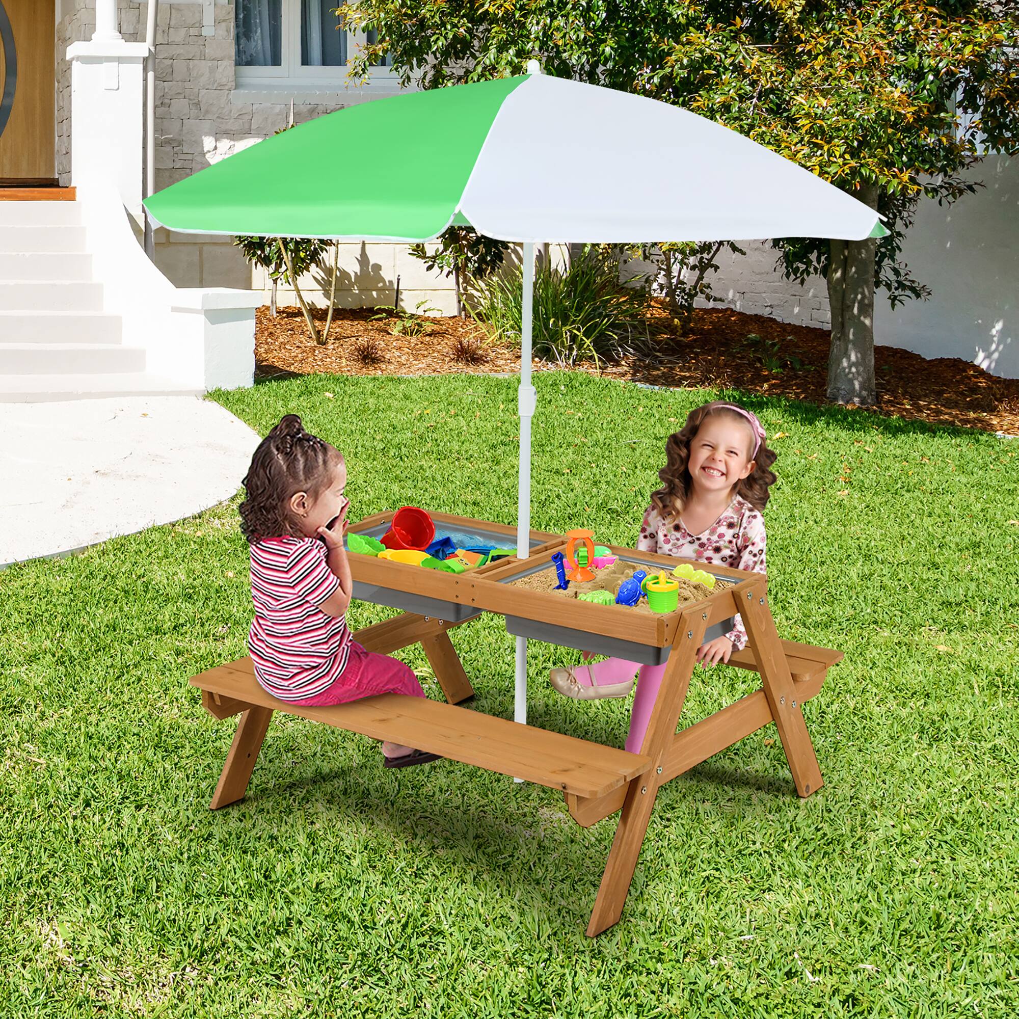 Alt View 1. Costway - Costway 3-in-1 Kids Picnic Table Wooden Outdoor Sand & Water Table with Umbrella Play Boxes - Natural.