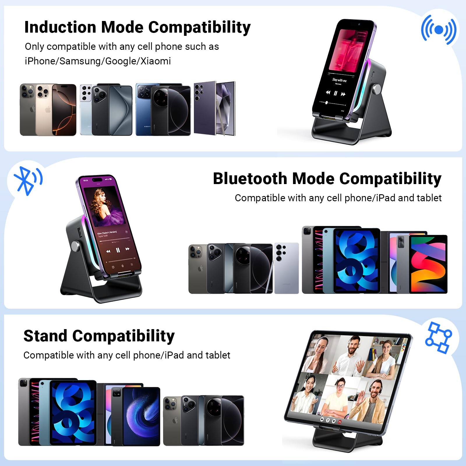 Induction Mode Compatibility  
Only compatible with any cell phone such as iPhone/Samsung/Google/Xiaomi  

Bluetooth Mode Compatibility  
Compatible with any cell phone/iPad and tablet  

Stand Compatibility  
Compatible with any cell phone/iPad and tablet