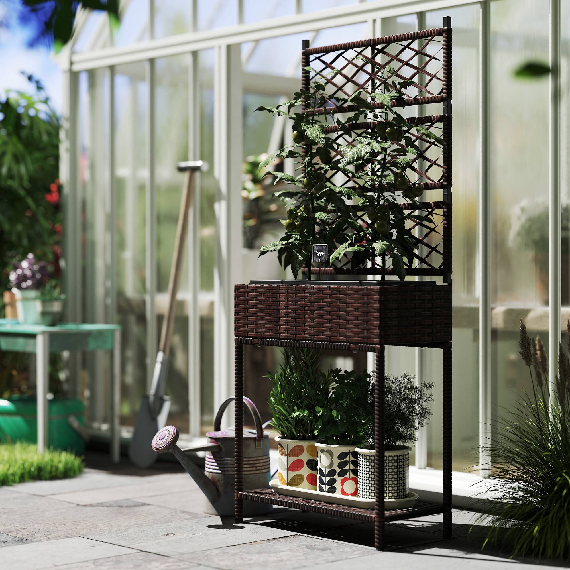 Alt View 8. Outsunny - Raised Garden Bed with Trellis, Outdoor Wicker Planter, Freestanding Rattan Planter Stand with Storage Shelf - Brown.