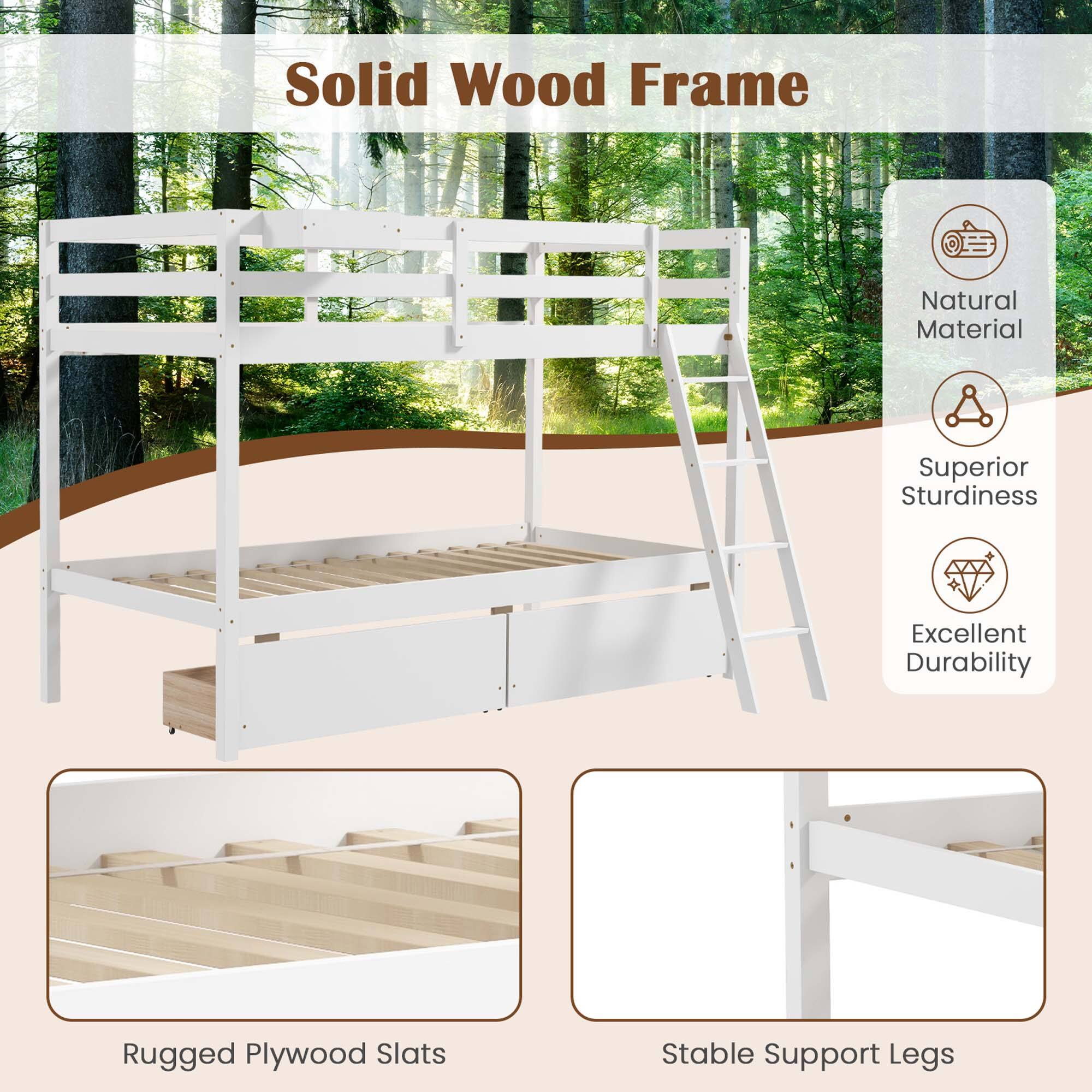 The text on the image reads: "Solid Wood Frame Natural Material Superior Sturdiness Excellent Durability Rugged Plywood Slats Stable Support Legs."