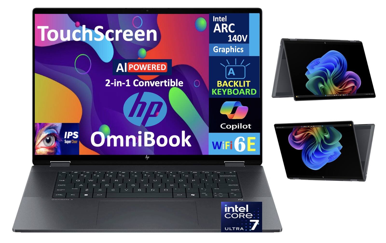 TouchScreen Intel ARC 140V Graphics AI POWERED 2-in-1 Convertible BACKLIT KEYBOARD hp Copilot IPS Super Clear OmniBook WiFi 6E

Intel CORE ULTRA 7