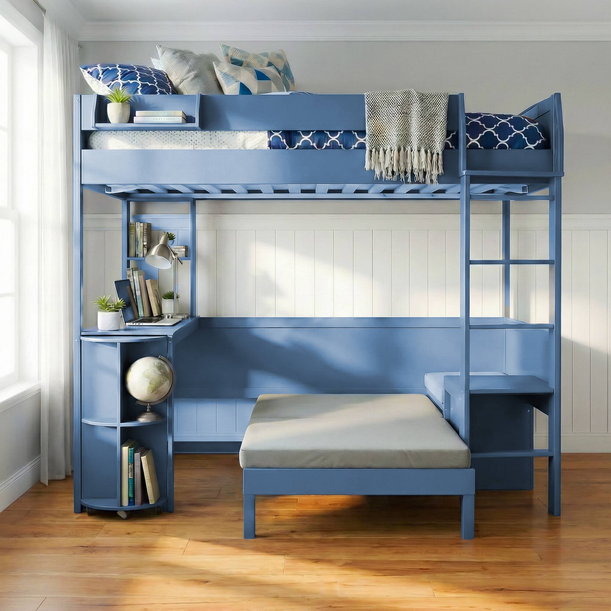 Angle. Whisen - Full Size Wood Loft Bed with Desk, Bedside Storage Shelf, Sofa & LED Light for Bedroom/Small Apartment - Navy Blue.