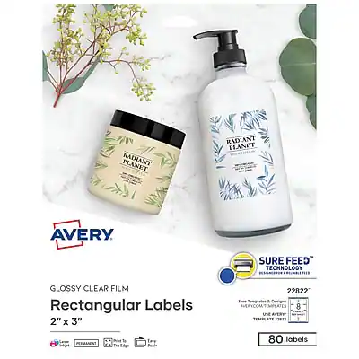 PLANET RADIANT RADIANT PLANET
AVERY
SURE FEED TECHNOLOGY
GLOSSY CLEAR FILM Rectangular Labels 2" x 3" 22822
Free Templates & Designs #VERYCOM/TEMPLATES
USE AVERY TEMPLATE F3812
80 labels