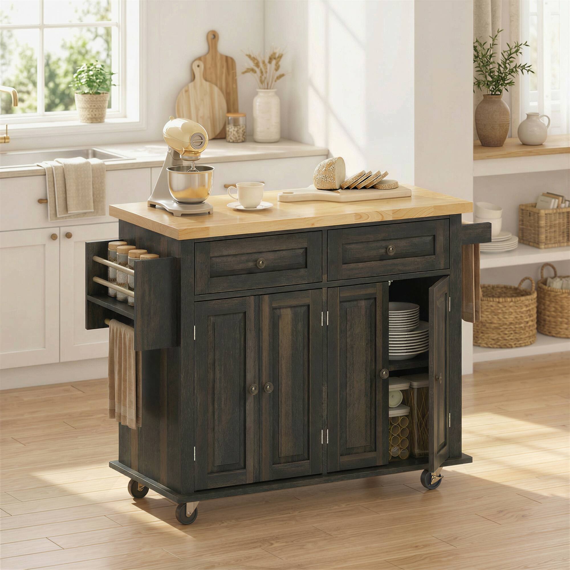 Alt View 1. Homcom - Mobile Kitchen Island Table, Kitchen Island Cart on Wheels with Storage Cabinets - Brown Oak.