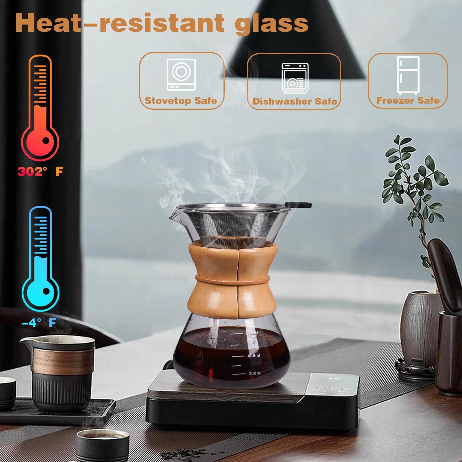 Heat-resistant glass  
Stovetop Safe  
Dishwasher Safe  
Freezer Safe  

302°F  
-4°F  

400ml  
200ml