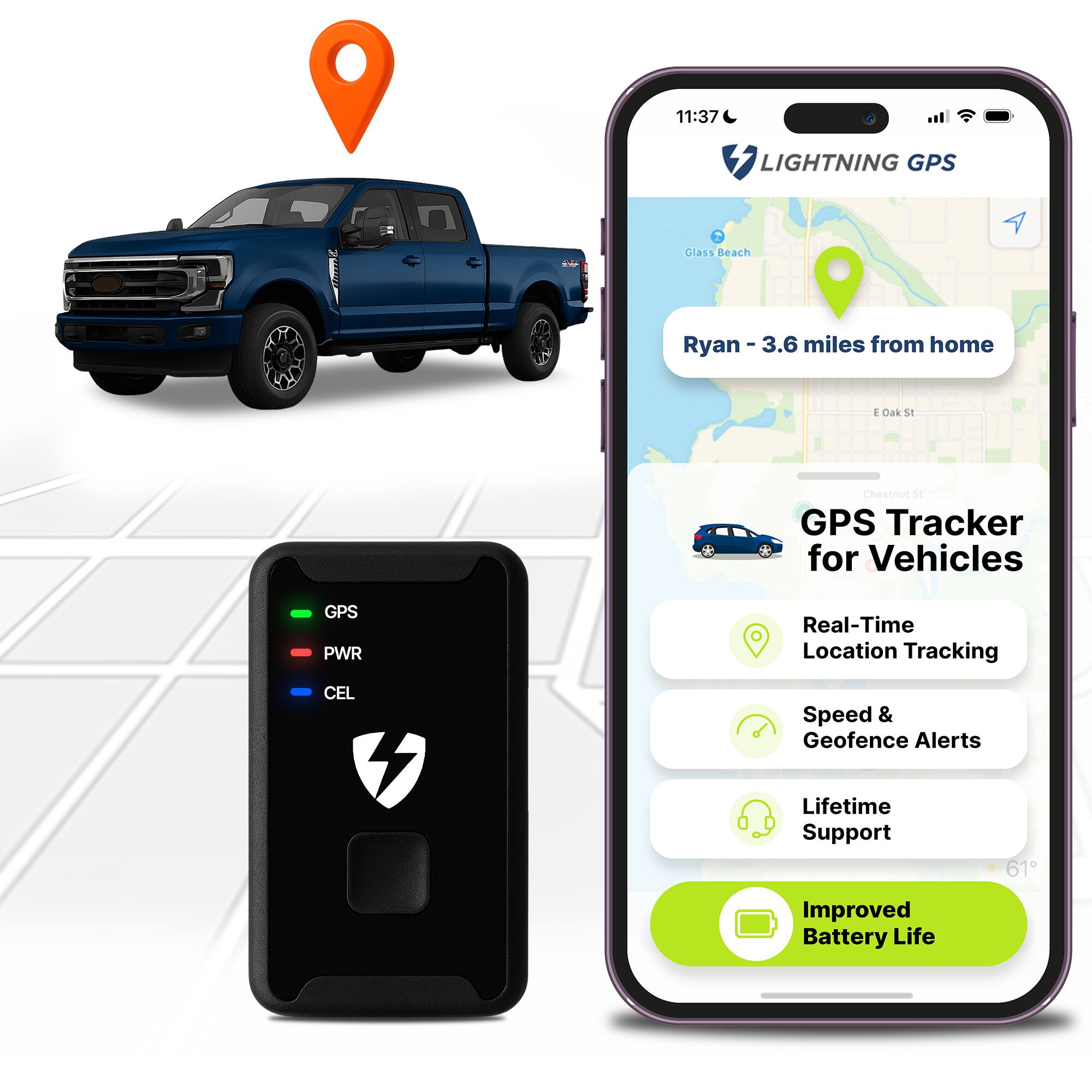 Lightning GPS - GL300 GPS Tracker for Vehicles - Real-Time Location Tracking, Anti-Theft & Fleet Management - Subscription Required - Black
