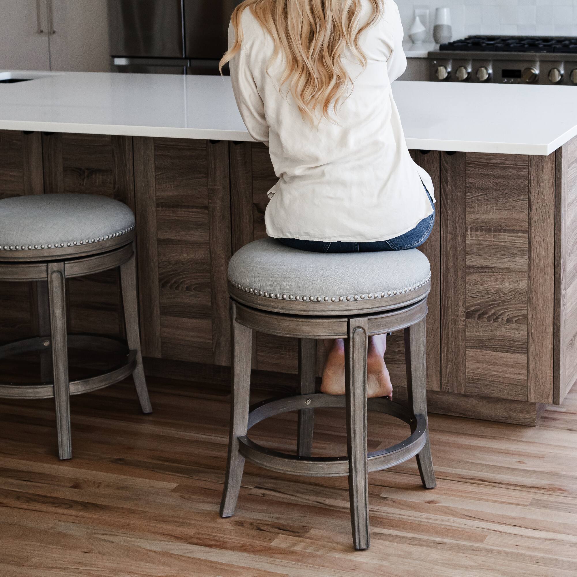 Left. Maven Lane - 26" Alexander Backless Counter Stool in Reclaimed Oak Finish with  Fabric Upholstery - Reclaimed Oak.