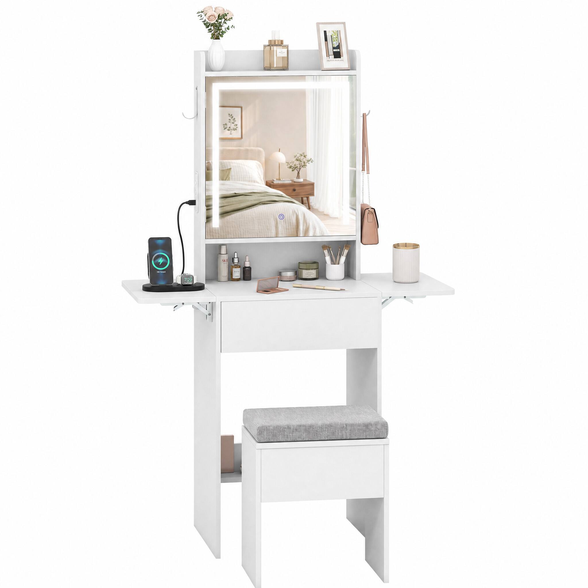 Alt View 5. WELLFOR - Foldable Drop Leaf Makeup Vanity Desk with 3 Color LED Mirror & Charging Hub, Vanity Desk Set with Cushioned Stool - White.